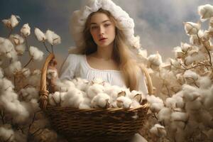 AI generated Beautiful young woman with basket of cotton flowers on nature background, A woman is seen holding a basket filled with fluffy cotton, AI Generated photo