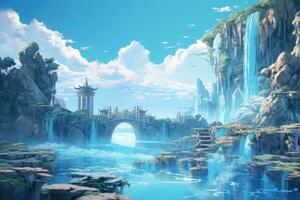 AI generated Fantasy landscape with a waterfall and a bridge. 3d rendering, A reimagined ancient sea waterfall in this illustration, sky-blue and brown, intricate landscapes, environmental photo