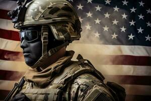 AI generated Portrait of a soldier in military uniform and goggles. American flag background, A soldier wearing a modern helmet and equipment, side view, American flag in the background, AI Generated photo