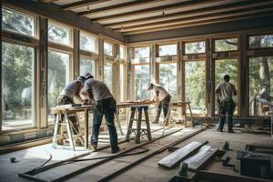 AI generated Group of carpenters working in a carpentry workshop on a wooden floor, A team of workers installing windows and doors in a new house, AI Generated photo