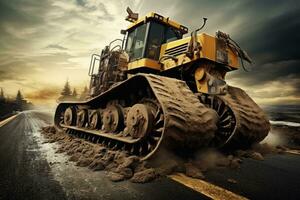 AI generated bulldozer working on the road in the evening, 3d render, A road roller works on the road, AI Generated photo