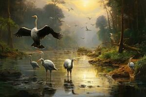 AI generated 3d render of a flock of storks on the lake in the forest, A shallow river with transparent water and a group of herons hunting for fish, AI Generated photo