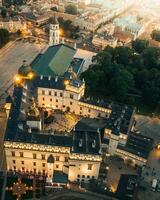 Aerial view cathedral square in Old Town and Vilnius city panorama background, capital city of Lithuania. Scenic landmarks and sightseeing in eastern europe. Travel Lithuania concept. photo