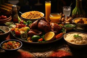 AI generated Baked turkey with couscous, vegetables, nuts and orange juice, A table of food including chicken, rice, and other food, AI Generated photo
