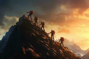 ai generado grupo de escaladores alpinismo un montaña. 3d representación ilustración, un equipo de escaladores a el parte superior de un alto montaña en el ligero de el ajuste sol, ai generado foto