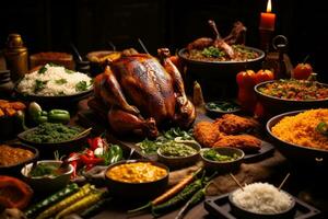 AI generated Traditional indian food on wooden table. Chicken, rice, vegetables and spices, A table of food including chicken, rice, and other food, AI Generated photo