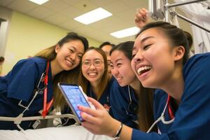 ai generado grupo de asiático enfermero tomando un selfie con su paciente en hospital, un estudiante enfermería equipo capturar un selfie mientras comprometido en simulación capacitación, ai generado foto