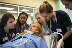 AI generated Group of doctors examining patient in hospital corridor. Focus on patient, A student nursing team capturing a selfie while engaged in simulation training, AI Generated photo