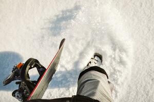 Snowboarder dressed in a full protective gear for extreme freeride snowboarding posing with a snowboard walking. Isolated on gray white snow background. photo