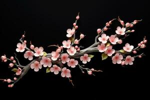 ai generado Cereza florecer árbol rama aislado en negro fondo, recorte camino, un conjunto de Cereza florecer ramas con flores y brotes, ai generado foto