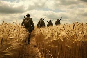 ai generado soldado en el trigo campo. militar histórico recreación, un guardabosque equipo caminando mediante un trigo campo, ai generado foto