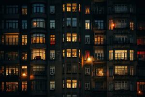 ai generado noche ver de el ventanas de un residencial edificio en el ciudad, un foto de un noche ciudad, un Departamento edificio, un montón de ventanas brillante en el noche, ai generado