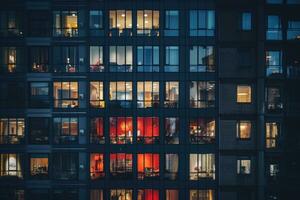 ai generado reflexión de edificios en el ventanas de un edificio a noche, un foto de un noche ciudad, un Departamento edificio, un montón de ventanas brillante en el noche, ai generado