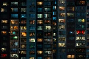 ai generado ventanas de un residencial edificio a noche en hong kong, porcelana, un foto de un noche ciudad, un Departamento edificio, un montón de ventanas brillante en el noche, ai generado