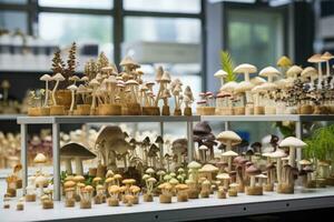 AI generated Mushroom display in a shop window, shallow depth of field, a variety of mushroom species growing on different substrates in a lab, AI Generated photo
