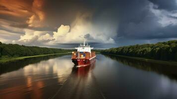 ai generado un envase del barco viaje mediante el kiel canal debajo un amenazador estante nube foto