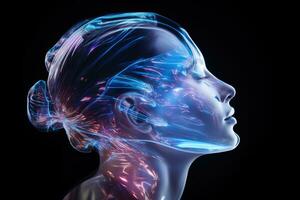 AI generated Digital art of a female head with blue and pink light on it, a side view of a woman's head in hologram, AI Generated photo