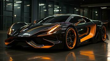 AI generated Futuristic Sports Car On Neon Highway. Powerful acceleration of a supercar on a night track with colorful lights and trails. AI Generative. photo