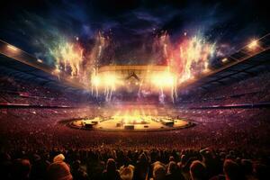 AI generated Stadium lights and crowd of people at night. 3D rendering, A live event, such as a concert or halftime show, taking place at a sports stadium, AI Generated photo