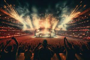 AI generated Concert crowd in front of bright stage lights. 3D Rendering, A live event, such as a concert or halftime show, taking place at a sports stadium, AI Generated photo