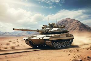 AI generated War Concept. Military Tank in the desert. 3D Rendering, A modern military tank running in a desert, AI Generated photo