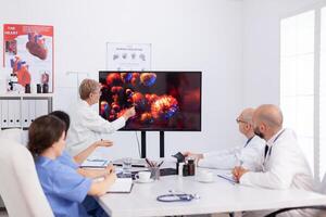 Senior practitioner doctor woman pointing virus sickness on monitor in hospital meeting room discussing with coworkers during brainstorming. Medical team of physicians planning vaccine against coronavirus photo