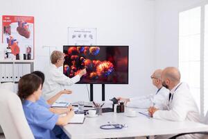 mayor facultativo médico mujer señalando virus enfermedad en monitor en hospital reunión habitación que se discute con compañeros de trabajo durante lluvia de ideas. médico equipo de medicos planificación vacuna en contra coronavirus foto