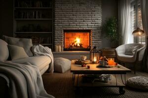 AI generated Cozy living room interior with fireplace and comfortable sofa. Space for text, A cozy living room with a fireplace and a coffee table, AI generative image, AI Generated photo