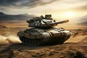 ai generado pesado tanque en el Desierto a puesta de sol. 3d hacer ilustración, un moderno militar tanque corriendo en un desierto, ai generado foto