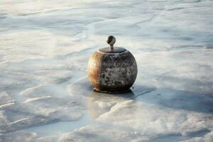 AI generated Old kettle on the frozen lake in winter. The concept of environmental pollution, a curling stone rocks on an ice surface, AI Generated photo