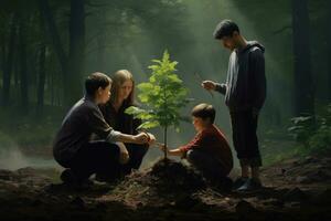 AI generated Family planting a tree in the forest. The concept of caring for nature, A diverse family honors a loved one's memory by jointly planting a tree in a serene forest, AI Generated photo