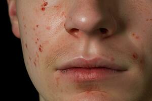 AI generated Close-up of acne on the face of a young man, A person's facial skin with visible redness and pustules, AI Generated photo