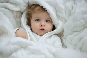 AI generated Cute little baby boy with blue eyes lying under white blanket. Soft focus, A photo of a baby lying in bed with a white blanket, AI Generated