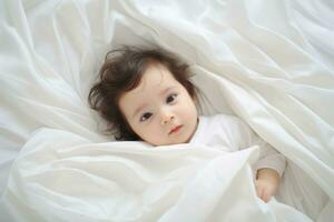 AI generated Cute baby girl lying on white bedding and looking at camera, A photo of a baby lying on a white bed sheet, AI GeneratedA photo of a baby lying on a white bed sheet, AI Generated