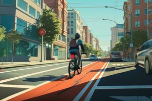 AI generated Cyclist riding on the road in the city. 3d rendering, A person zipping through a dedicated bike lane on a stylish electric bicycle, AI Generated photo