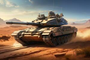 AI generated Heavy tank in the desert. 3D render. Illustration, A modern military tank running in a desert, AI Generated photo