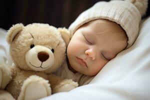 AI generated Cute little baby sleeping in bed with teddy bear toy, A newborn baby sleeping with a teddy bear on a comfy white bed, AI Generated photo