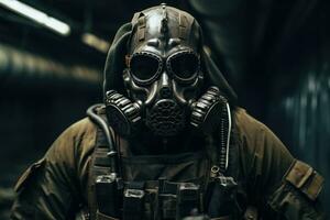 ai generado soldado en un gas máscara en un oscuro antecedentes. militar concepto, un moderno élite soldado completamente orientado arriba con especial equipo, cara cubierto con un gas mascarilla, ai generado foto