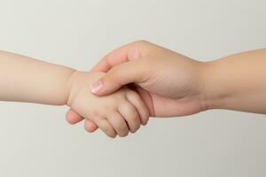 AI generated Mother and child holding hands, isolated on white background. Close up, A newborn baby and mother holding hands on a white background, hands close up, no hand deformation, AI Generated photo