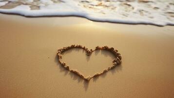 ai generado playa sentimientos - parte superior ver corazón dibujado en el arena de un playa con ola y luz de sol foto