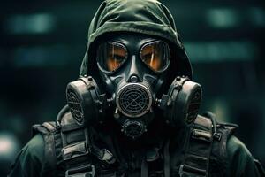 AI generated Portrait of a man in a gas mask on a blurred background, A modern elite soldier fully geared up with special equipment, face covered with a gas mask, AI Generated photo
