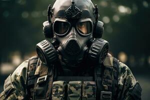 AI generated Portrait of a man in a gas mask in an industrial environment, A modern elite soldier fully geared up with special equipment, face covered with a gas mask, AI Generated photo