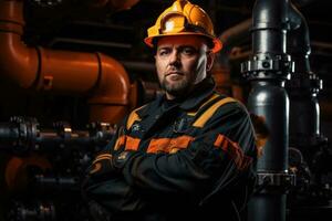 AI generated Portrait of a male worker in an oil and gas factory, A man in a uniform and a helmet, near the valve of pipes at a gas mining plant, AI Generated photo