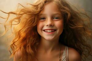 AI generated Portrait of a beautiful little girl with long curly hair on a light background, A happy girl smiles and her hair develops, AI Generated photo