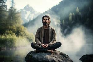 ai generado hombre meditando en loto posición en un rock por el lago, un hombre practicando atención plena y meditación en un pacífico natural ambiente, ai generado foto