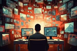 AI generated Back view of businessman sitting at desk in front of computer screens with high tech images, A man is working among many screens, AI Generated photo