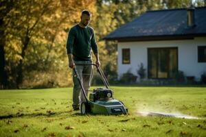 ai generado jardinero siega el césped en frente de su casa, un hombre corta el césped en el césped a hogar con un césped cortacésped, ai generado foto