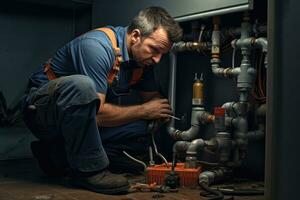 AI generated Plumber repairing a heating system. He is using a wrench, A male plumber repairs a pipeline or drain under the sink, AI Generated photo