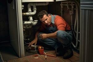AI generated Plumber repairing a heating system. He is repairing a heating system, A male plumber repairs a pipeline or drain under the sink, AI Generated photo