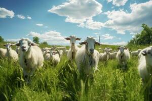 AI generated Herd of sheep grazing in a green meadow with blue sky, a herd of white goats grazing peacefully in a lush green meadow under the open sky, AI Generated photo